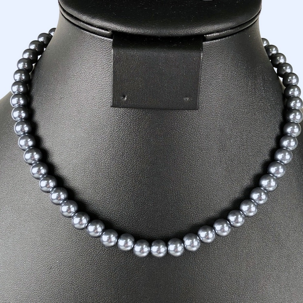 Faux Pearl Necklace Blue Gray Round Glass‎ Bead 16-18 inch Choker Collar